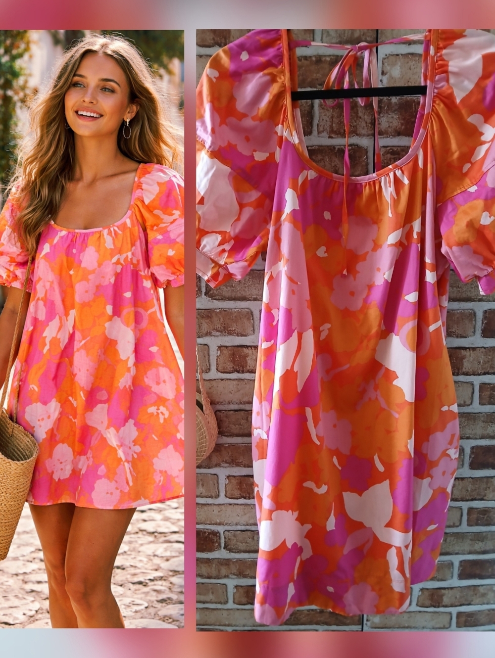 BABYDOLL TUNIC Pink Orange FLORAL Boho Mini Dress FREE ASSEMBLY Women's Size M